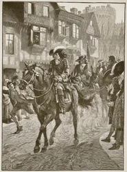 James kommer in i Dublin efter slaget vid Boyne, illustration från Cassells Illustrated History of England (sepiafoto)