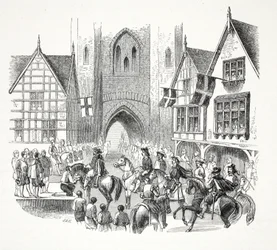 James the Firsts Entrance into the City of Chester, pub. 1800-talet (stålgravyr)