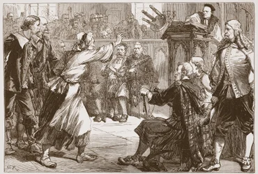 Janet Geddes kastar sin pall mot dekanus i Edinburgh, illustration från The History of Protestantism av James Aitken Wylie (1808-1890), pub. 1878