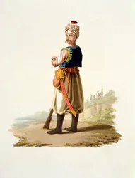 Janitsjar, ur De olika nationernas dräkter, band VII, Turkiets militärdräkt, av Thomas MacLean, utgiven ca 1800-18
