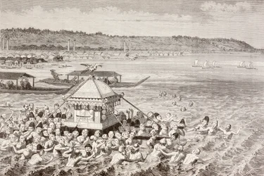 Japanska fiskare som firar Gots-Tennoo på 1800-talet (litho)