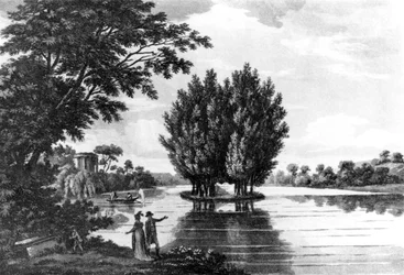Jean-Jacques Rousseaus (1712-78) grav i Ermenonville, från A Sporting Tour Through France in a Series of Letters to the Earl of Darlington av överste Thomas Thornton, publicerad 1806 (bw photo