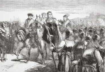 Jeanne DAlbret, drottning av Navarra, talar till hugenottsoldaterna, illustration från The History of Protestantism av James Aitken Wylie (1808-1890), pub. 1878
