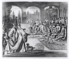 Jesuiter med holländska och portugisiska köpmän vid den japanska kejsarens hov, illustration från A Memorable Embassy to the Emperor of Japan av Arnold Montanus, publicerad i London 1670