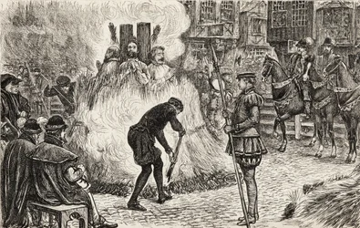 John Bland, John Frankesh, Nicholas Sheterden och Humphrey Middleton brändes levande för kätteri på 1500-talet, ca 1865 (trästick)