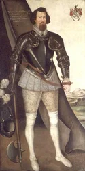 John Nedham i rustning håller en yxa (olja)