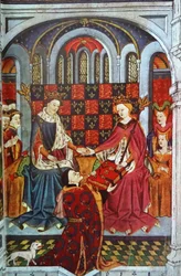 John Talbot, earl av Shrewsbury, överlämnar en bok till Henrik VI och Margareta av Anjou (pergament)