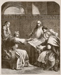 John vägrar att underteckna baronernas artiklar, illustration från Cassells Illustrated History of England (sepiafoto)