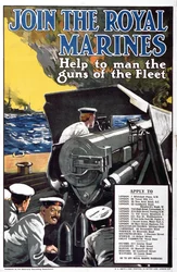 Gå med i Royal Marines - Hjälp till att bemanna flottans vapen, rekryteringsaffisch från första världskriget