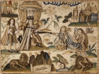 Kung Ahasverus och drottning Ester, ca 1660 (siden, metallgarner och isinglass)