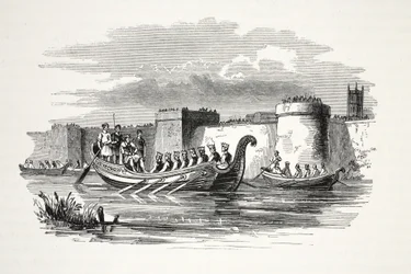 Kung Edgar rodde av åtta kungar på River Dee, pub. 1800-talet (stålgravyr)