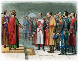 Kung Henrik III av England inför Baronkommissionen ledd av Simon V av Montfort, illustration från "A Chronicle of England" av James Doyle