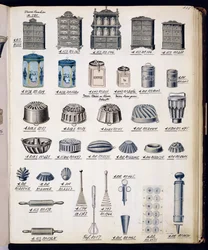 Köksförvaring och redskap från en handelskatalog över hushållsartiklar och inredning, ca 1890-1910