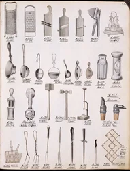 Köksredskap, från en handelskatalog över hushållsartiklar och beslag, ca 1890-1910