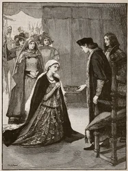 Lady Catherine Gordon före Henry VII, illustration från Cassells Illustrated History of England (sepiafoto)