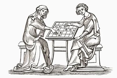 Dam och ungdomar som spelar utkast, eller dam, i början av 1300-talet, från "A Short History of the English People" av J. R. Green, publicerad 1893