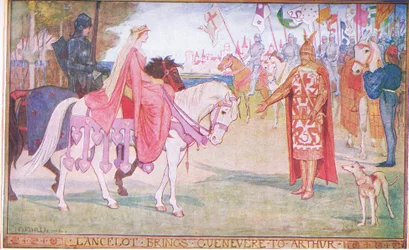 Lancelot tar med Guenevere till Arthur, illustration från "The Book of Romance" publicerad av Longmans Green och Co