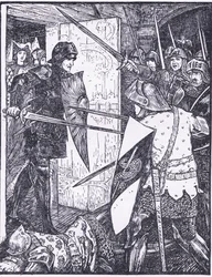 Lancelot kommer ut från Gueneveres rum, illustration från "The Book of Romance" publicerad av Longmans Green och Co