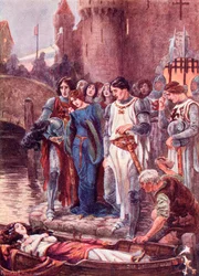 Lancelot tittar på den döda damen av Shalott vid hennes ankomst till Camelot. Färgad illustration från boken The Gateway to Tennyson publicerad 1910.