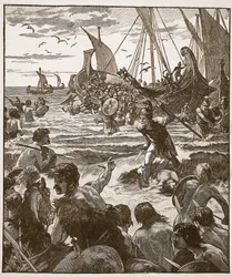 Romarnas landning på Kents kust, illustration från Cassells Illustrated History of England (sepiafoto)
