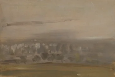 Landskap med träd på en sluttning (Wooded Valley, sett genom Mist) som tidigare tillskrivits J.M.W. Turner (1775-1851) och även tillskriven Peter de Wint (1784-1849) (olja på papper)