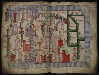 Lansdowne 204 ff.225v & 226 Karta över Skottland av John Harding, ca 1450 (bläck & tempera på pergament)
