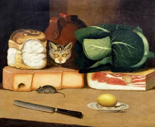 Spår stilleben med en katt som jagar en mus, ca 1840