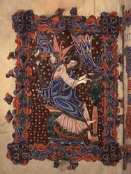 Lat 14782 f.16v St Matteus skriver sitt evangelium, c.1080 (vellum)