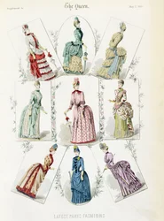 Senaste Parismoden, nio dagars klänningar i en modetallrik från ett tillägg till Drottningen, maj 1885