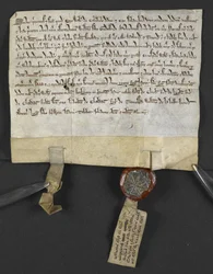 Latinskt dokument med hebreisk quitclaim (bifogat sigillet), av Jacob ben Aaron som upplåter en bit mark till William le Briel. England
