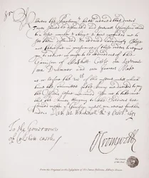 Brev till guvernören i Calshott Castle från Oliver Cromwell, 1651, faksimil från originalet i Sir James Fellowes ägo, Adbury House