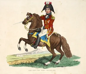 Generallöjtnant Sir John Moore KB, utgiven av Richard Evans, graverad av Romney, illustration ur En historisk redogörelse för slaget vid Waterloo av William Mudford, 1816