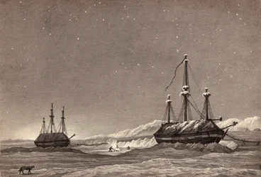 Löjtnant William Parrys första resa: H.M.S. Hecla och H.M.S. Griper i Winter Harbour, ca 1819 (penna & bläck och tvätt på papper)
