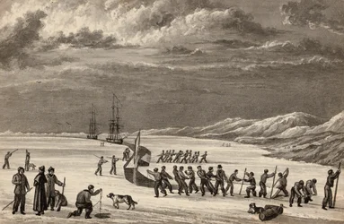 Löjtnant William Parrys första resa: Besättningarna på H.M.S. Hecla och H.M.S. Griper skär in i Winter Harbour, ca 1819