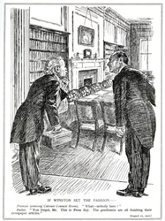 Lloyd George går in i ett kabinettsrum tom på ministrar som är upptagna med att skriva artiklar för tidningarna, augusti 1920