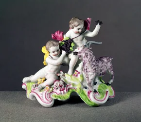 Longton Hall-gruppen, två putti med get, ca 1755 (porslin)