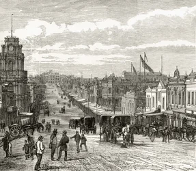 Blick österut på Bourke Street, Melbourne, omkring 1880, från "Australian Pictures" av Howard Willoughby, utgiven av Religious Tract Society, London, 1886.