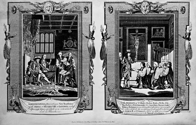 Lord Cromwell presenterar bibeln för Henry VIII och biskopar som presenterar en petition till James II 1688, från "The New and Complete Book of Martyrs", av Paul Wright