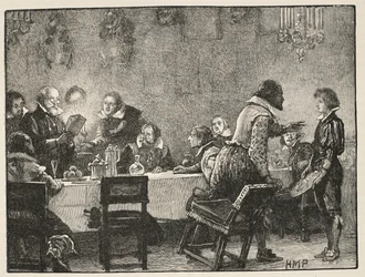 Lord Monteagle och varningsbrevet om Gunpowder Plot, illustration från Cassells Illustrated History of England (sepiafoto)