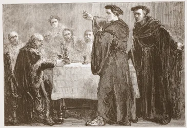 Luther utmanar Carlstadt att skriva mot honom, illustration från The History of Protestantism av James Aitken Wylie (1808-1890), pub. 1878