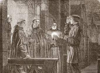 Luther går in i Augustinerklostret, illustration från The History of Protestantism av James Aitken Wylie (1808-1890), pub. 1878