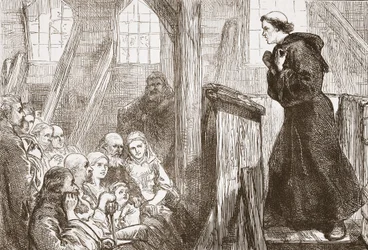 Luther predikar i den gamla träkyrkan i Wittenberg, illustration från The History of Protestantism av James Aitken Wylie (1808-1890), pub. 1878