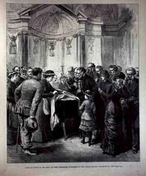 Ligger i staten, Lord Frederick Cavendishs (1836-82) kropp i Family Chapel, Chatsworth, från The Illustrated London News, 20 maj 1882