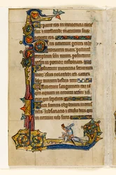 MS 1-2005, fol. 115v: En kanin som rider på en hund, jagar, marginaldekoration från Macclesfield Psalter, Use of Sarum, East Anglia, ca 1330
