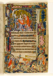 MS 1-2005, fol. 39r: The Anointing of David and Trumpeters, historisk initial från Macclesfield Psalter, Use of Sarum, East Anglia, c.1330