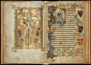 MS 242 f. 28v-29r Barmhärtighetens tron med beskyddare, Kristus välsignelse med en beskyddare, c.1314-30 (bladguld & tempera på pergament)