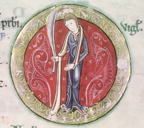 MS Hunter 229 f.4v Jungfrun, från Hunterian Psalter, c.1170 (penna & bläck och tempera på veläng) (detalj)