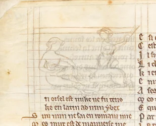 MS McClean 123 f.40v Underritning för en miniatyr som visar en jägare som fångar en enhörning som ligger naken i en jungfrus knä, från 