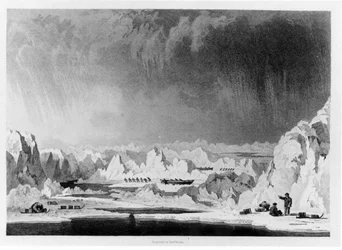 Människor som hanterar båtarna genom ishummar, illustration från Narrative of an Attempt to Reach the North Pole av William Parry, graverad av Edward Finden (1791-1857) publicerad 1828 (bw ph)