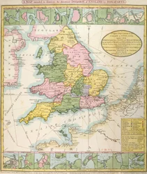 Karta över Storbritannien, som illustrerar den hotade invasionen av Napoleon Bonaparte (1769-1821) 1803 (färg litho)